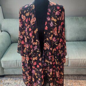 Urban Outfitters boho black floral kimono w/ fringe; robe, cover-up, cardigan,